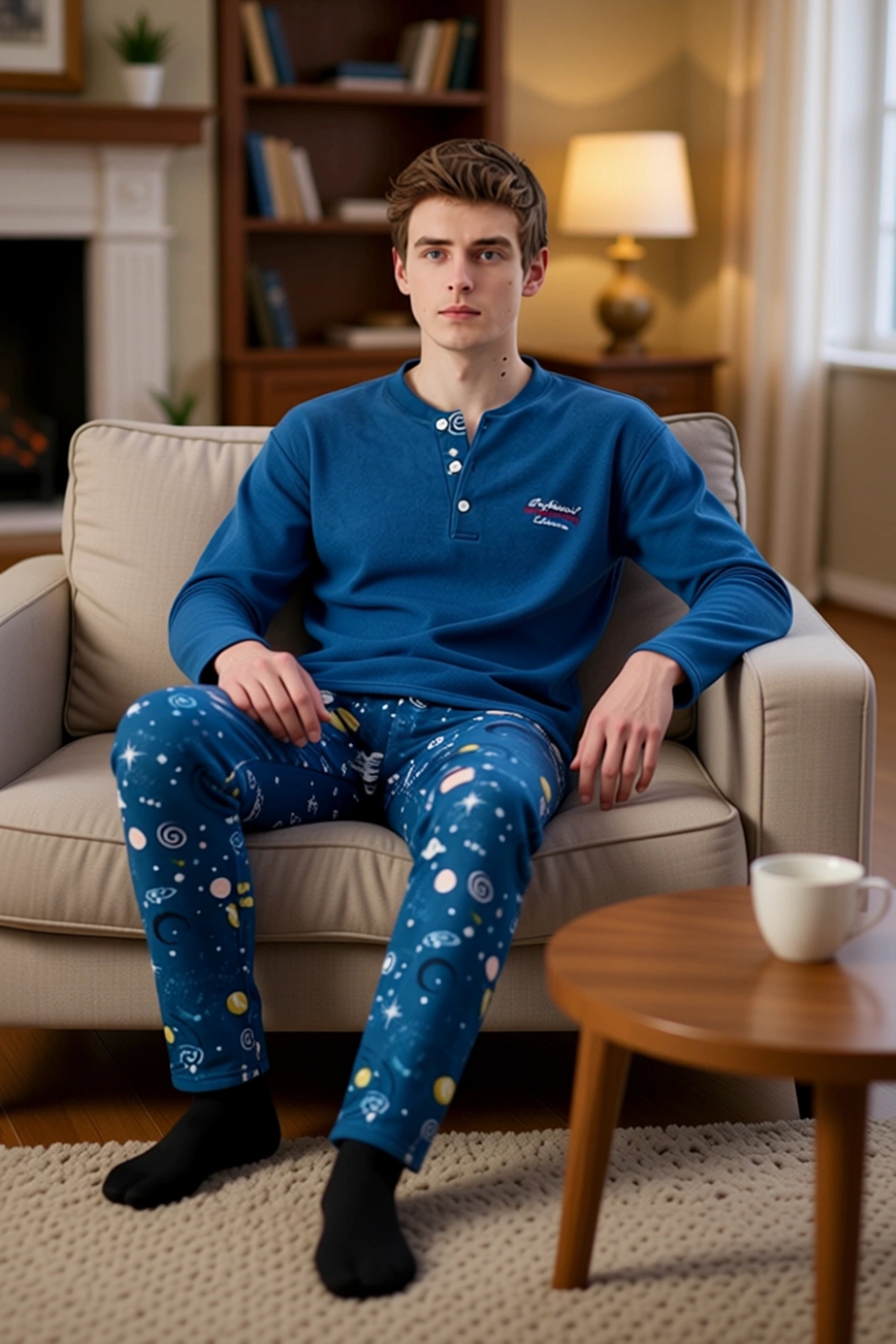 Erkek Polar Pijama Takımı Uzun Kollu Bisiklet Yaka Uzay Baskılı Fonksiyonel Dayanıklı Spor