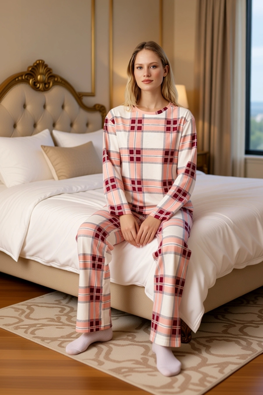 Kadın Ekose Desenli Uzun Kollu Pijama Takımı Fonksiyonel Dayanıklı Kaliteli Konforlu Rahat