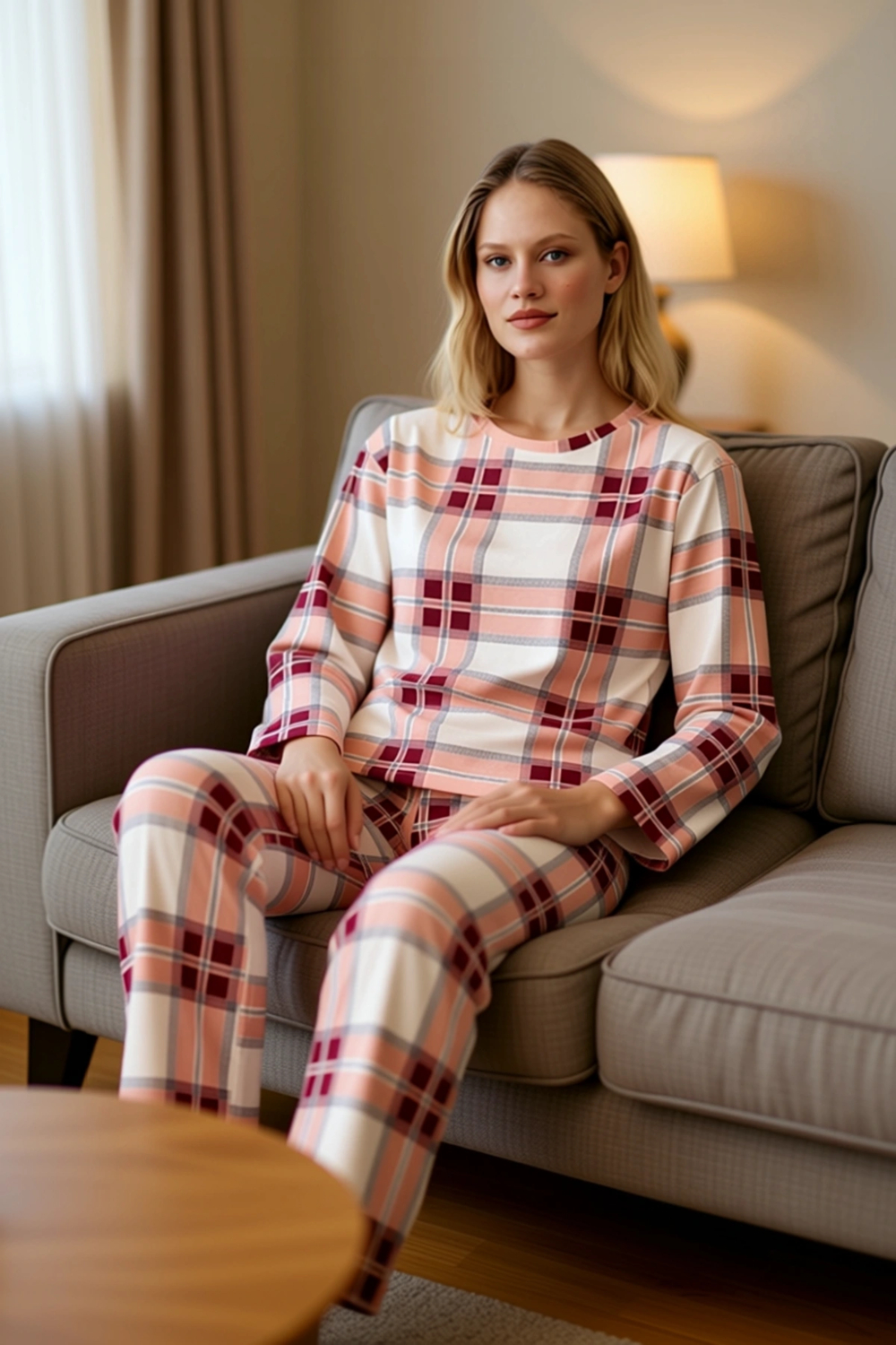 Kadın Ekose Desenli Uzun Kollu Pijama Takımı Fonksiyonel Dayanıklı Kaliteli Konforlu Rahat