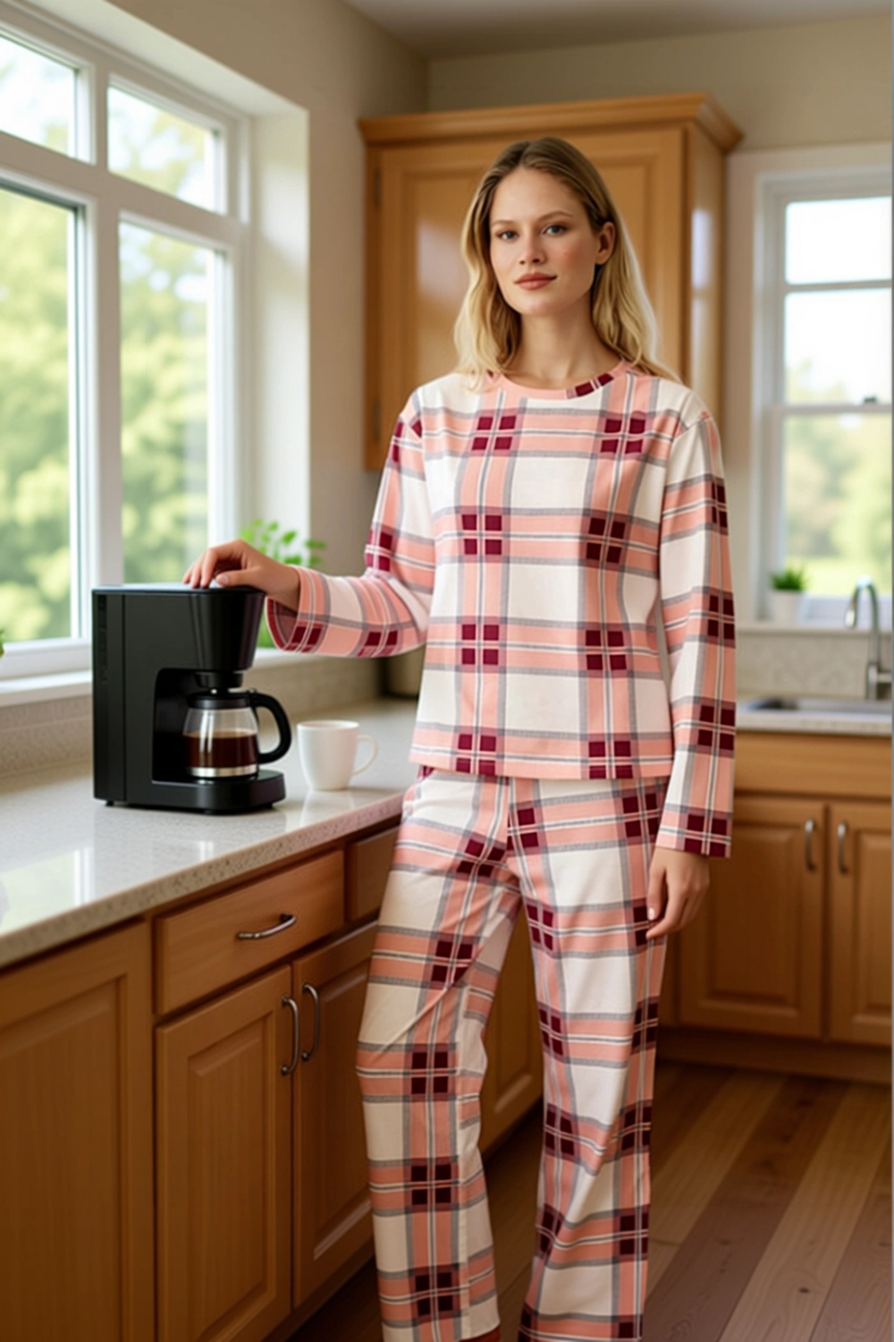 Kadın Ekose Desenli Uzun Kollu Pijama Takımı Fonksiyonel Dayanıklı Kaliteli Konforlu Rahat