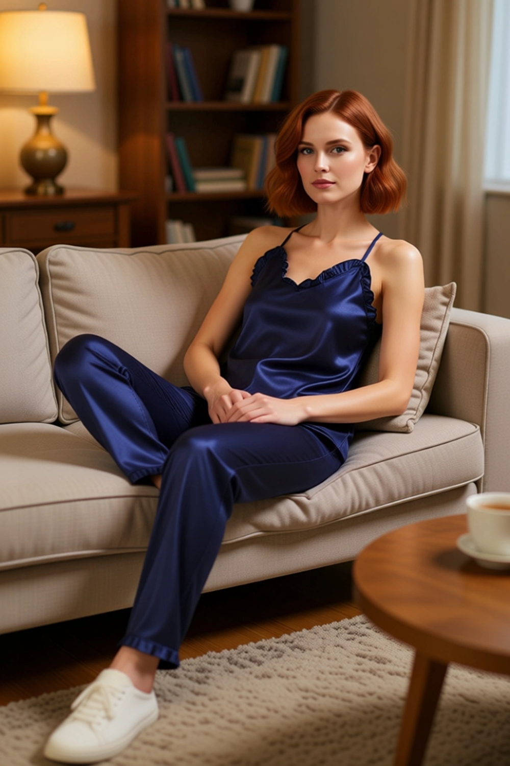 Rahat Saten Pijama Takımı Fırfırlı İnce Askılı Ev Giyim Seti Seçkin Malzeme