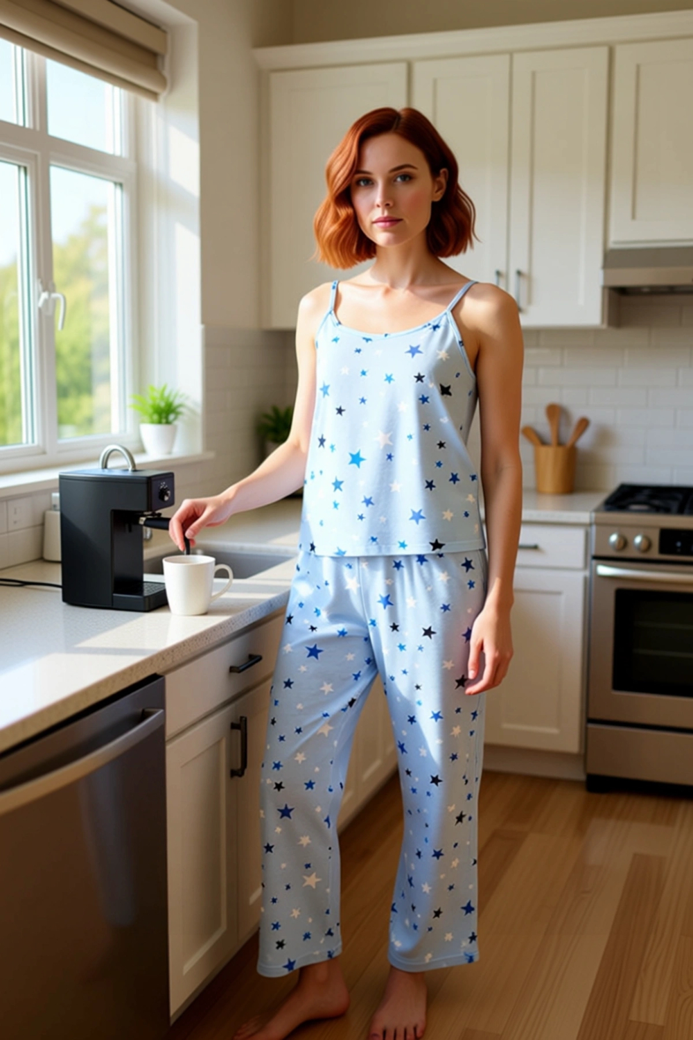 Kadın Yıldızlı İp Askılı Pijama Takımı Fonksiyonel Dayanıklı Kaliteli Konforlu Estetik Şık