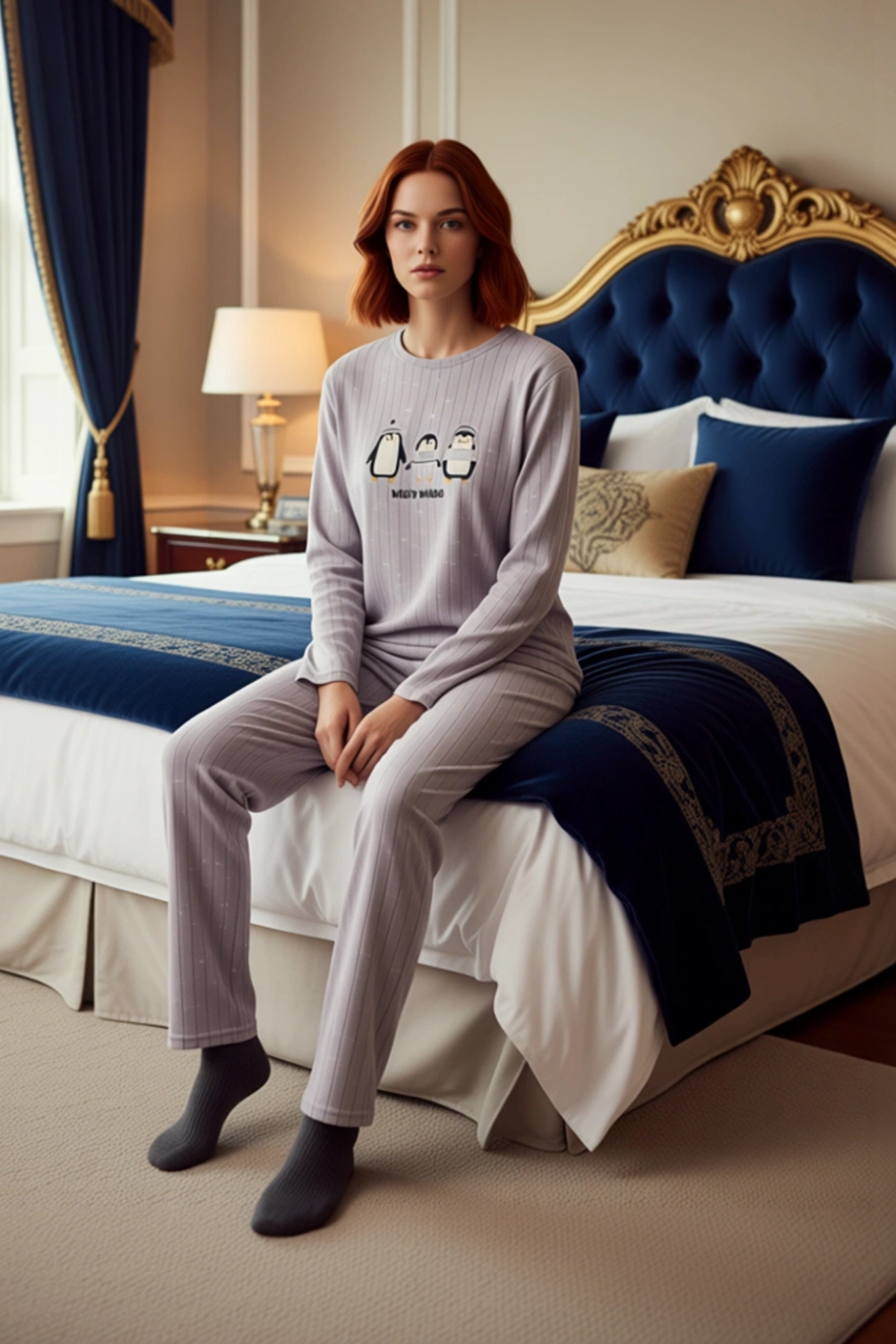 Kadın Sevimli Penguen Desenli Polar Pijama Fonksiyonel Dayanıklı Kaliteli Konforlu Estetik