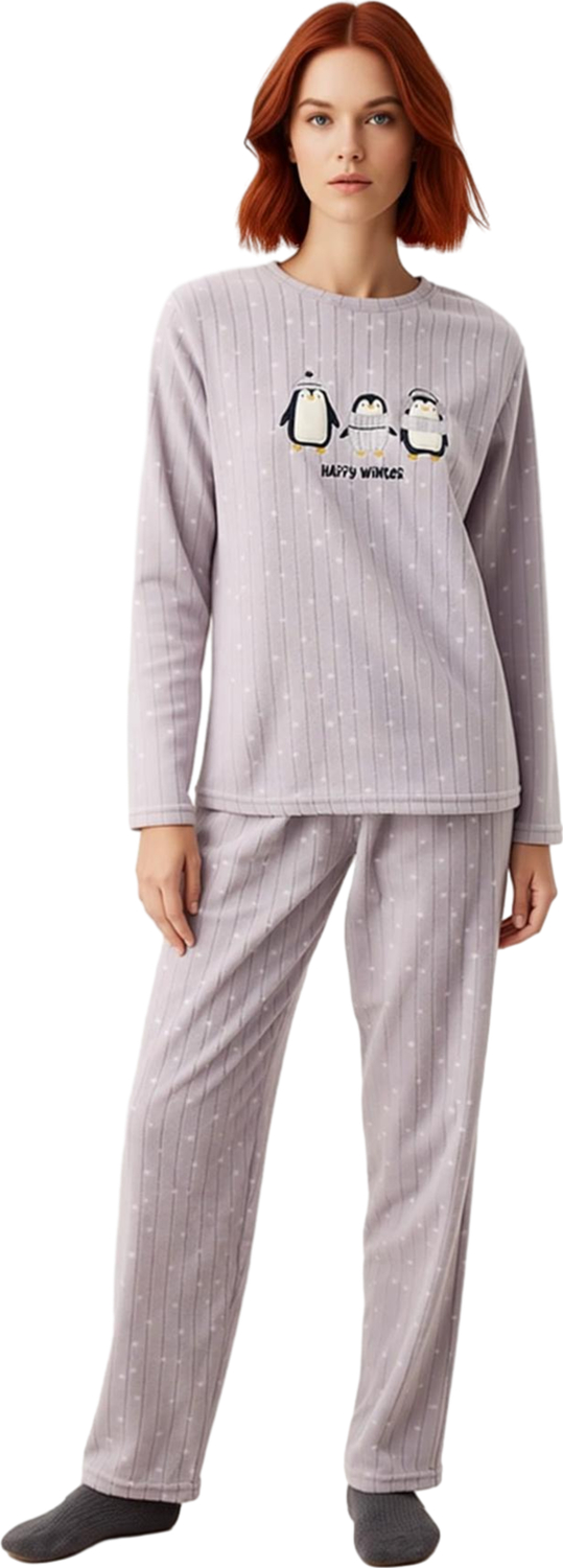 Kadın Sevimli Penguen Desenli Polar Pijama Fonksiyonel Dayanıklı Kaliteli Konforlu Estetik