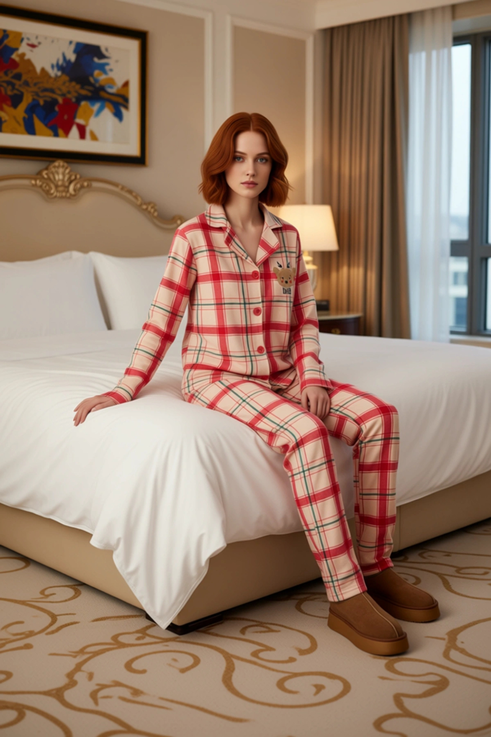Kadin Polar Pijama Takımı Kirmizi Ekose Nakisli Fonksiyonel Dayanıklı Kaliteli Konforlu Şık