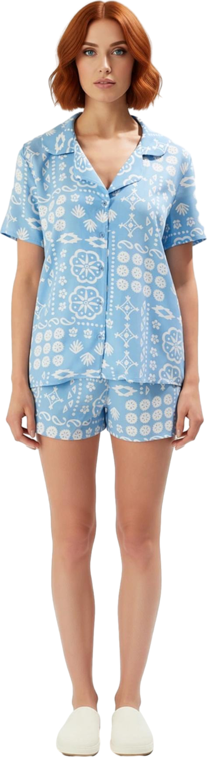 Kadın Etnik Desenli Viskon Pijama Takımı Gömlek ve Şort Fonksiyonel Dayanıklı Kaliteli Şık