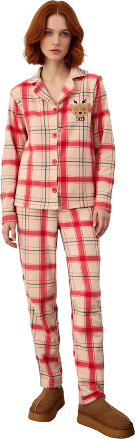 Kadin Polar Pijama Takımı Kirmizi Ekose Nakisli Fonksiyonel Dayanıklı Kaliteli Konforlu Şık