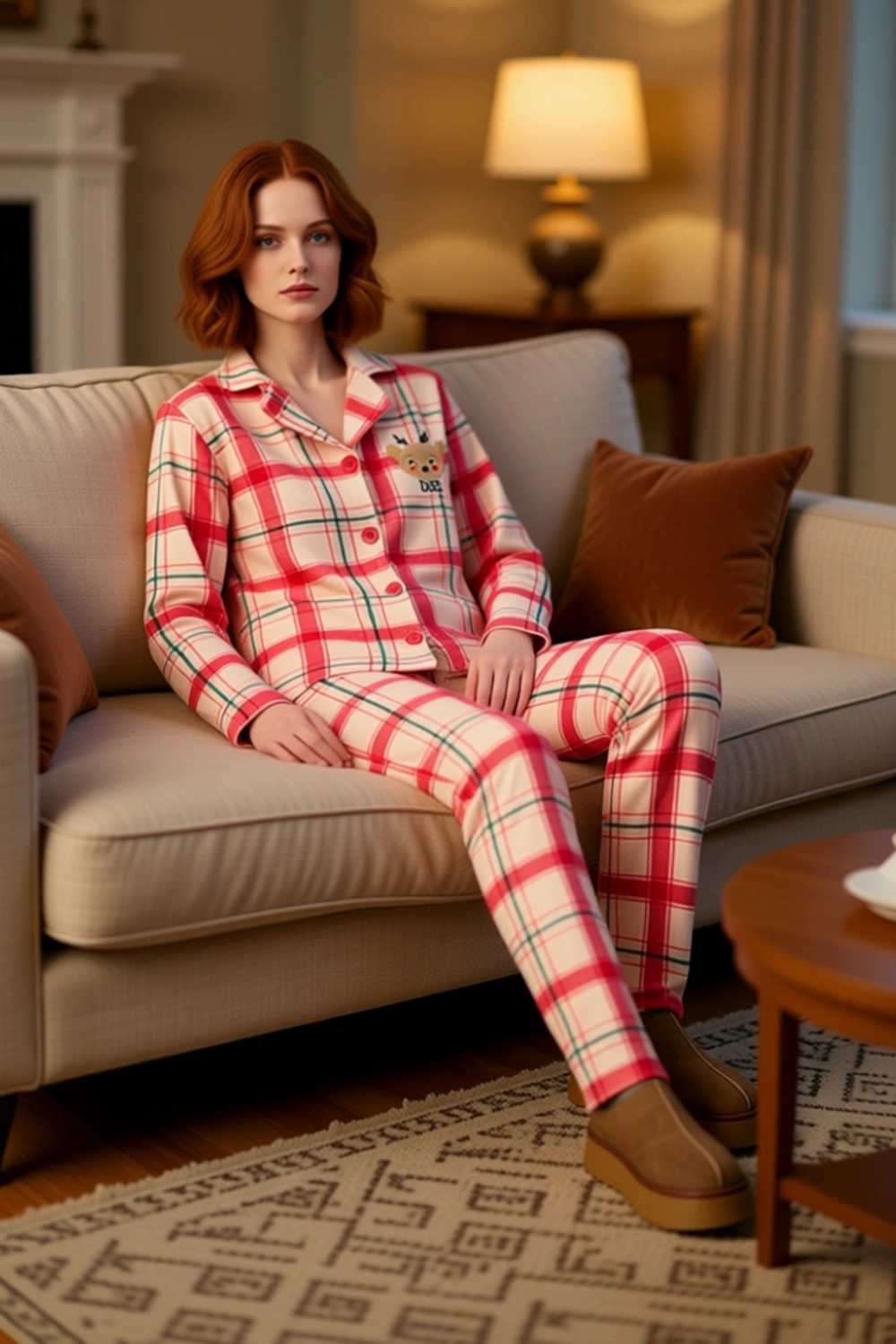 Kadin Polar Pijama Takımı Kirmizi Ekose Nakisli Fonksiyonel Dayanıklı Kaliteli Konforlu Şık
