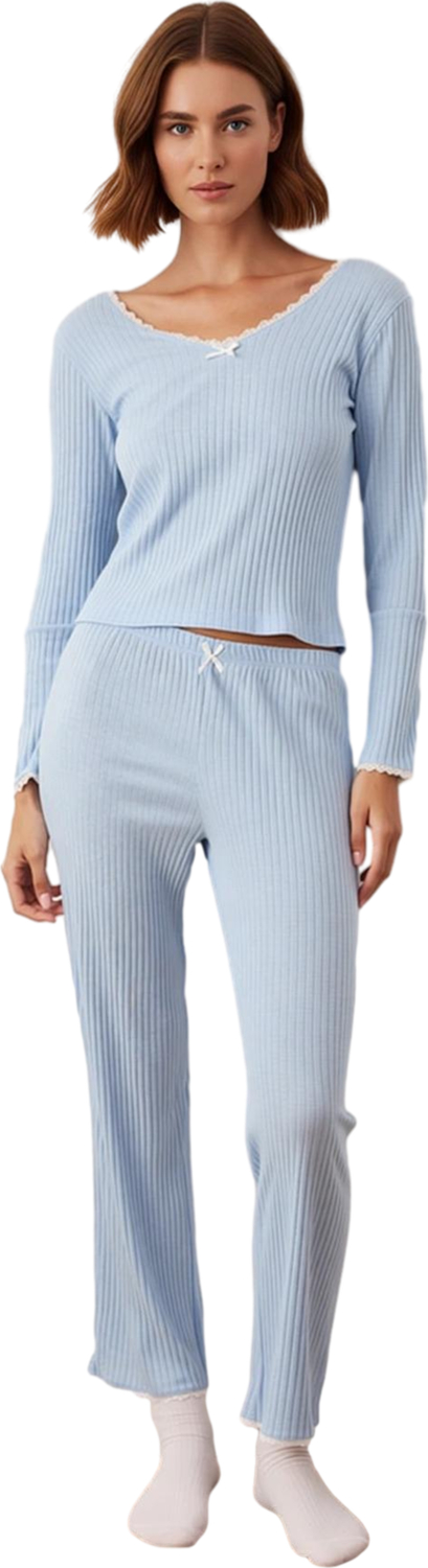 Kadın V Yaka Fitilli Örme Pijama Takımı Dantel Detaylı Fonksiyonel Dayanıklı Kaliteli Spor