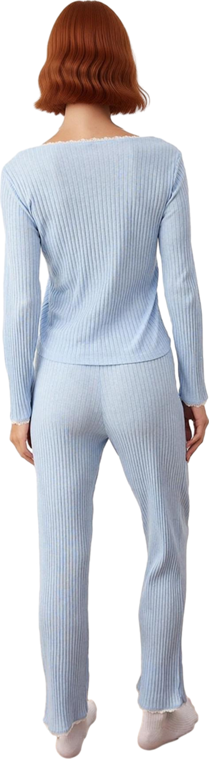 Kadın V Yaka Fitilli Örme Pijama Takımı Dantel Detaylı Fonksiyonel Dayanıklı Kaliteli Spor