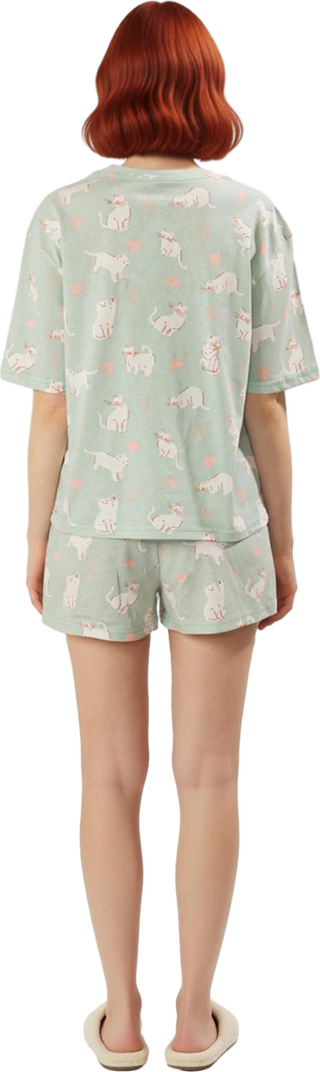 Kadın Bisiklet Yaka Kedi Baskılı Kısa Kollu Pijama Şortlu Takım Fonksiyonel Dayanıklı Spor