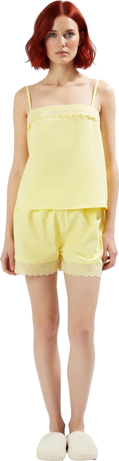 Kadın Pastel Brode Detaylı İnce Askılı Poplin Pijama Şort Takımı Fonksiyonel Dayanıklı Şık