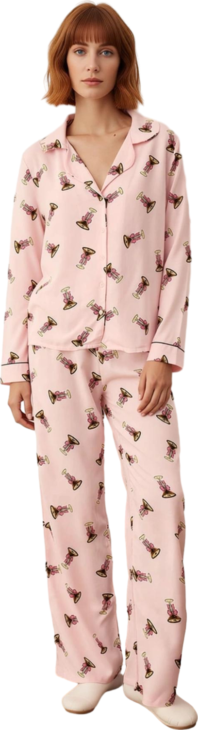 Kadın Baskılı Viskon Gömlek Yaka Pijama Takımı Fonksiyonel Dayanıklı Kaliteli Konforlu Şık