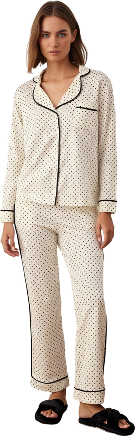 Kadın Puantiye Desenli Uzun Kollu Pijama Takımı Fonksiyonel Dayanıklı Kaliteli Konforlu Şık