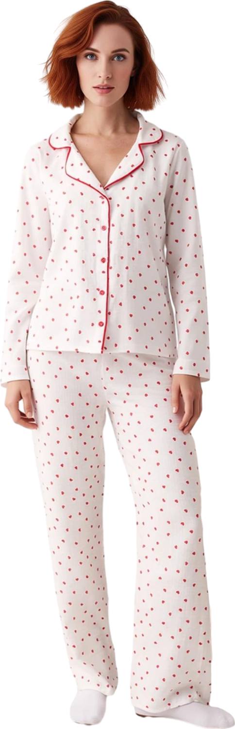 Kadın Müslin Pijama Takımı Kalp Desenli Gömlek Yaka Uzun Kollu Fonksiyonel Dayanıklı Rahat