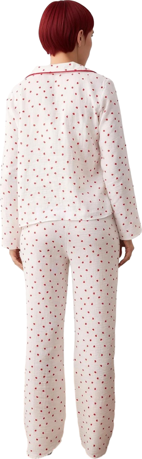 Kadın Müslin Pijama Takımı Kalp Desenli Gömlek Yaka Uzun Kollu Fonksiyonel Dayanıklı Rahat