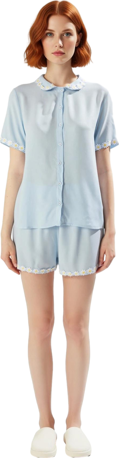 Kadın Papatya Desenli Viskon Gömlek Şort Pijama Takımı Bebe Yaka Fonksiyonel Dayanıklı Şık