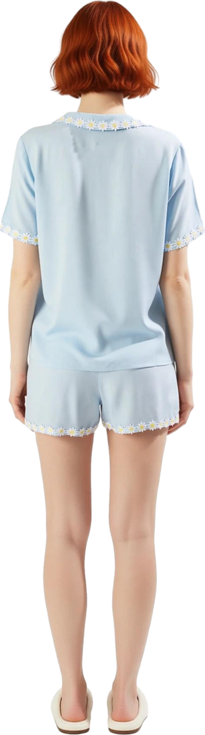 Kadın Papatya Desenli Viskon Gömlek Şort Pijama Takımı Bebe Yaka Fonksiyonel Dayanıklı Şık