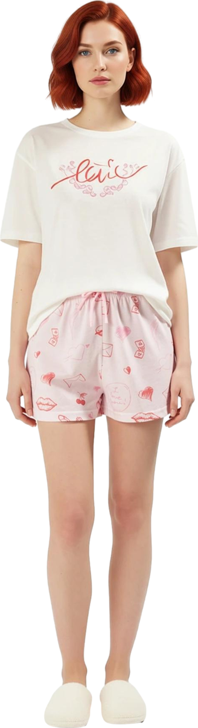 Kadın Baskılı Şortlu Pijama Takımı Bisiklet Yaka Fonksiyonel Dayanıklı Kaliteli Konforlu Şık