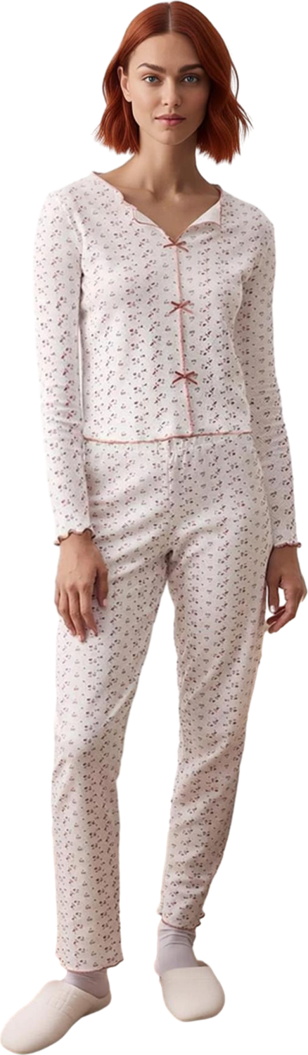Kadın Çiçek Desenli V Yaka Uzun Kollu Pijama Fonksiyonel Dayanıklı Kaliteli Konforlu Rahat