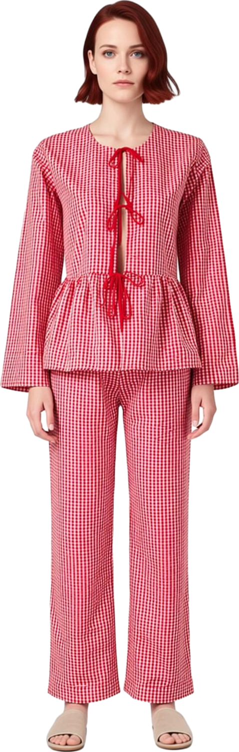 Kadin Kirmizi Kareli Pijama Gömlek Pantolon Takımı Fonksiyonel Dayanıklı Kaliteli Konforlu