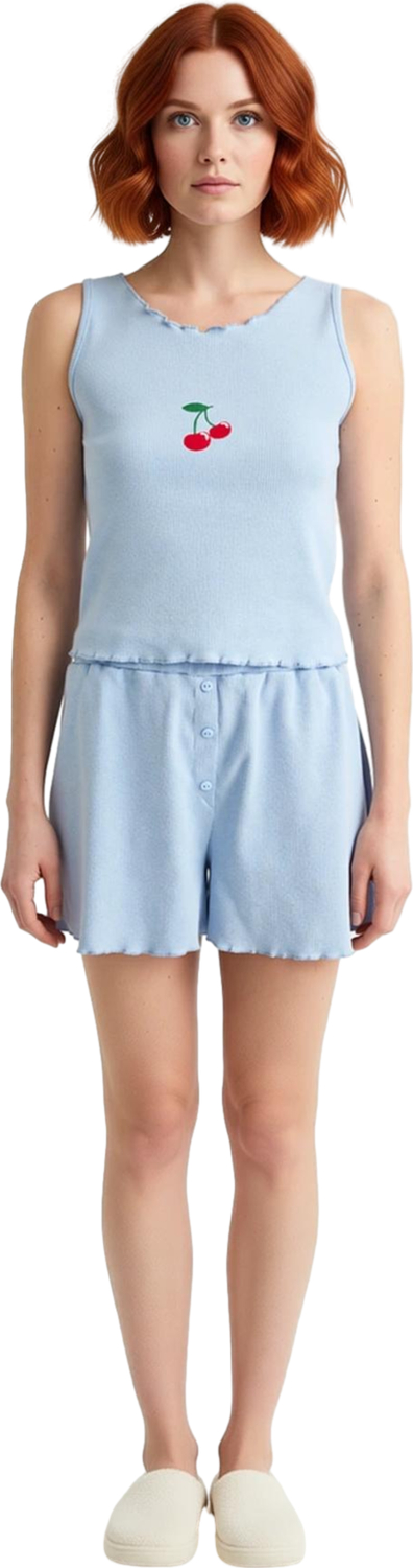 Kadın Kiraz Nakışlı Fitilli Örme Pijama Takımı Evde Konforlu Anlar Yaz Mevsimi Keyfi Sunar