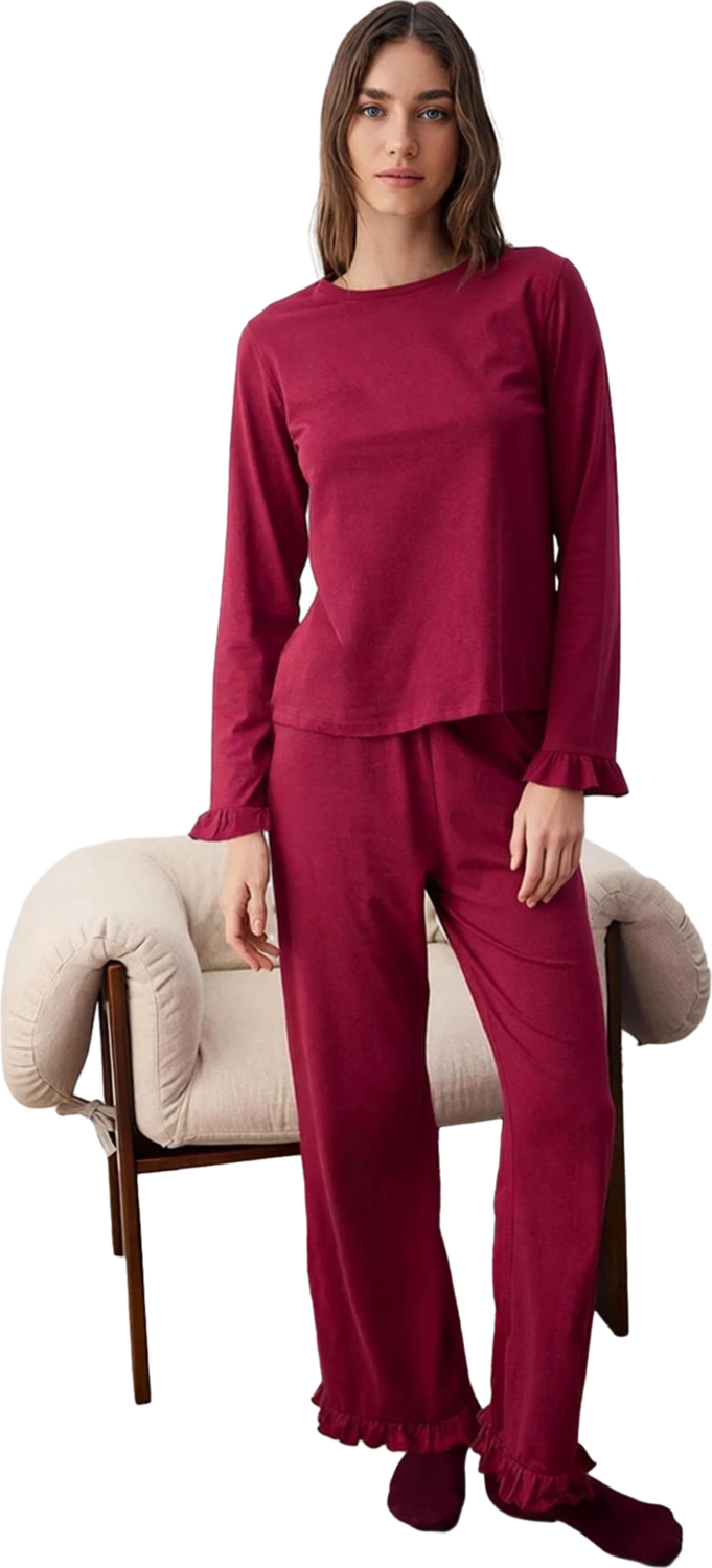 Kadın Fırfırlı Bisiklet Yaka Uzun Kollu Pijama Takımı Fonksiyonel Dayanıklı Kaliteli Rahat