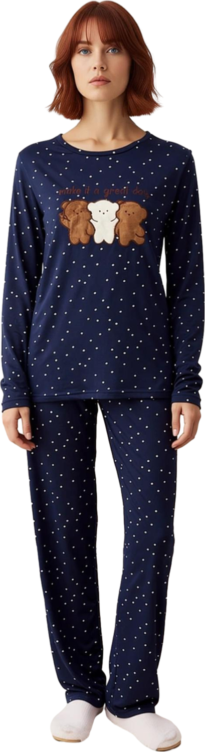 Kadın Puantiyeli Ayıcık Nakışlı Pijama Takımı Fonksiyonel Dayanıklı Kaliteli Konforlu Spor