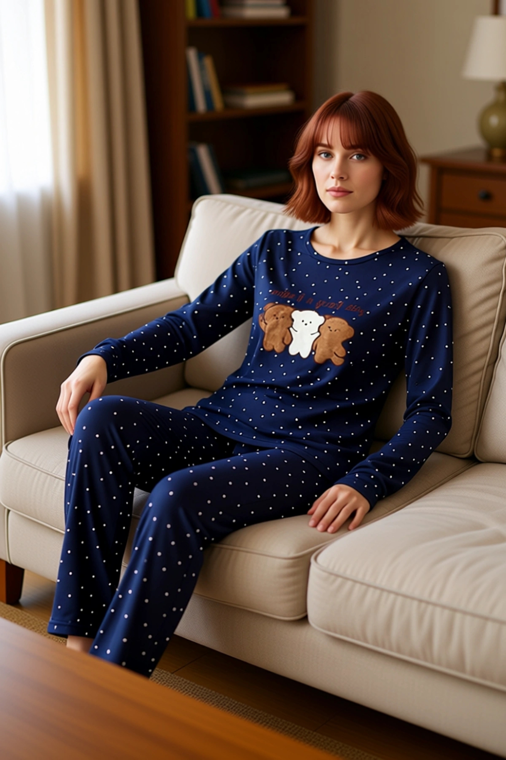 Kadın Puantiyeli Ayıcık Nakışlı Pijama Takımı Fonksiyonel Dayanıklı Kaliteli Konforlu Spor