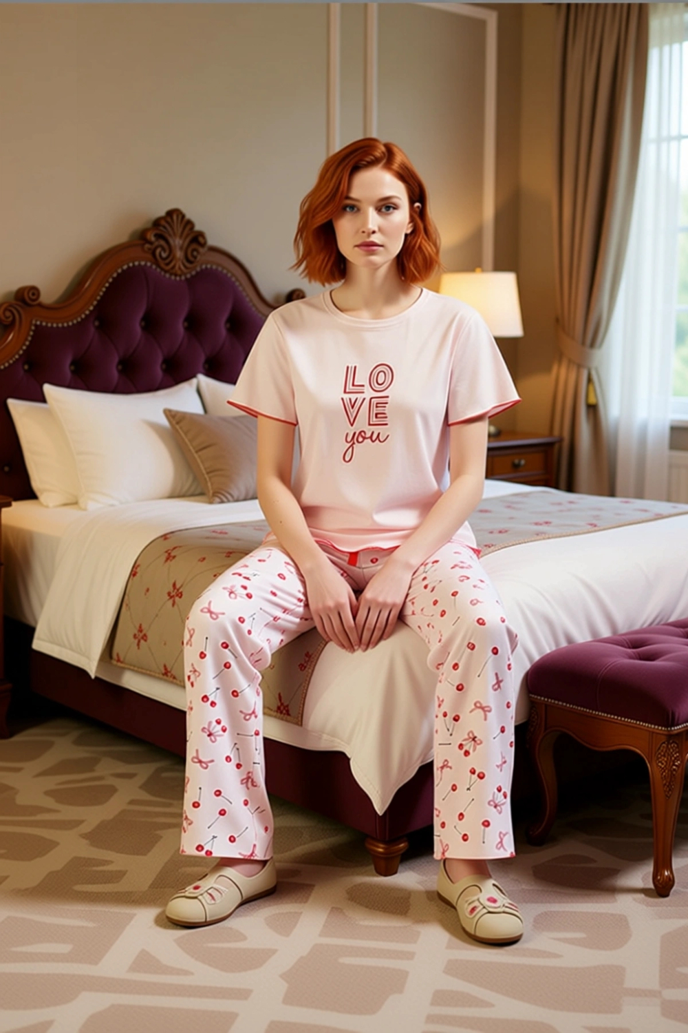 Kadın Pudra Kiraz Fiyonk Baskılı Pijama Takımı Fonksiyonel Dayanıklı Kaliteli Konforlu Şık