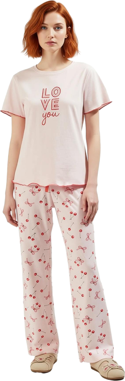 Kadın Pudra Kiraz Fiyonk Baskılı Pijama Takımı Fonksiyonel Dayanıklı Kaliteli Konforlu Şık