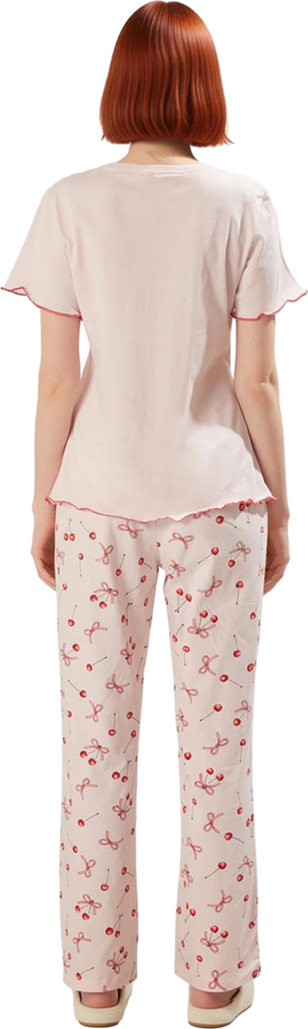 Kadın Pudra Kiraz Fiyonk Baskılı Pijama Takımı Fonksiyonel Dayanıklı Kaliteli Konforlu Şık