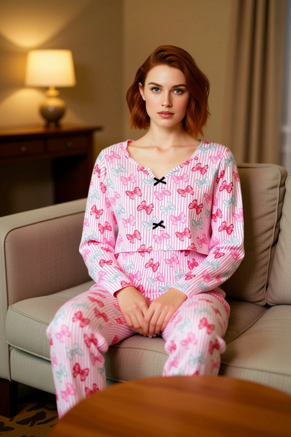 Kadın Fiyonk Desenli Pijama Takımı Fonksiyonel Dayanıklı Kaliteli Konforlu Estetik Premium