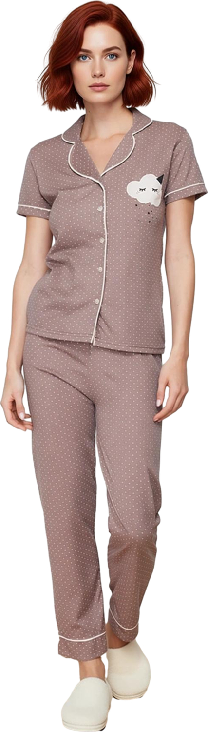Kadın Vizon Puantiye Baskılı Gömlek Pijama Takımı Fonksiyonel Dayanıklı Kaliteli Konforlu Şık