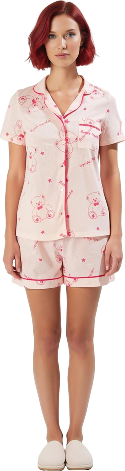 Kadın Gömlek Yaka Ayıcık Desenli Pijama Takımı Fonksiyonel Dayanıklı Kaliteli Konforlu Şık