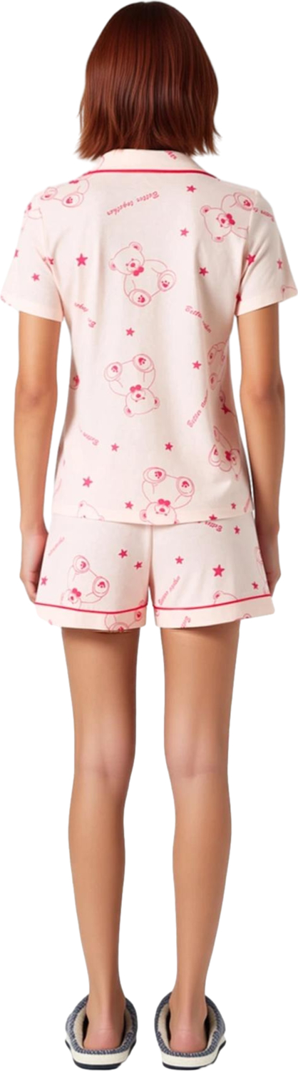 Kadın Gömlek Yaka Ayıcık Desenli Pijama Takımı Fonksiyonel Dayanıklı Kaliteli Konforlu Şık