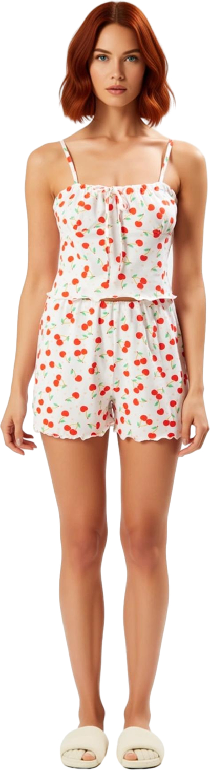 Kadın Kiraz Baskılı İnce Askılı Pijama Seti Fonksiyonel Dayanıklı Kaliteli Konforlu Modern