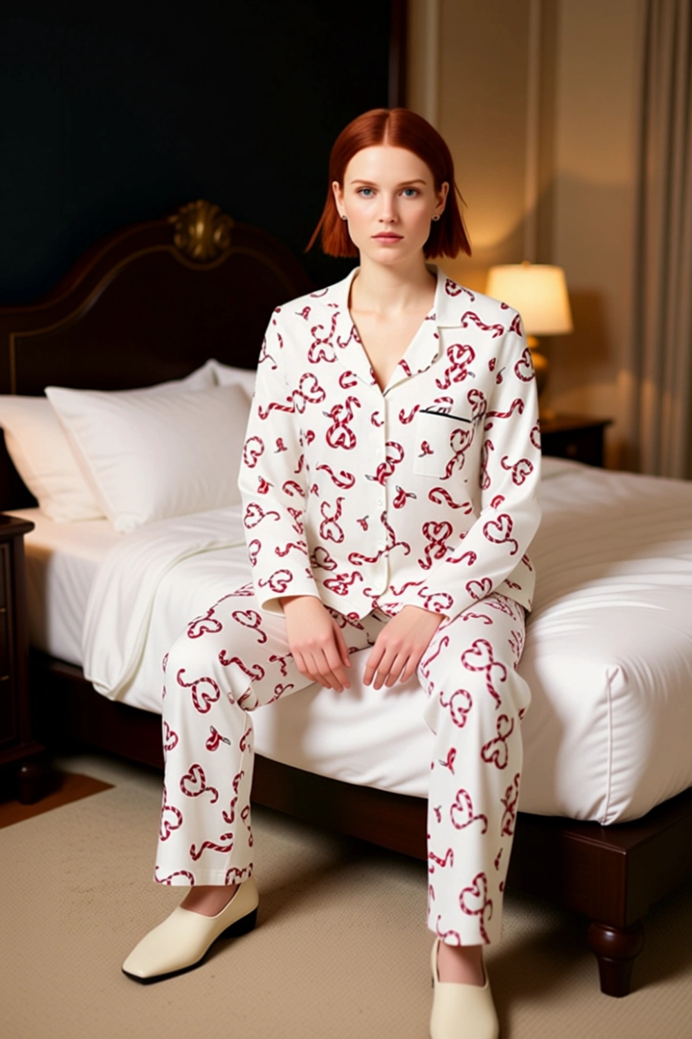 Kadın Yılbaşı Kalp Desenli Pijama Takımı Gömlek Yaka Fonksiyonel Dayanıklı Kaliteli Modern