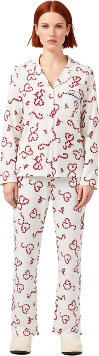 Kadın Yılbaşı Kalp Desenli Pijama Takımı Gömlek Yaka Fonksiyonel Dayanıklı Kaliteli Modern