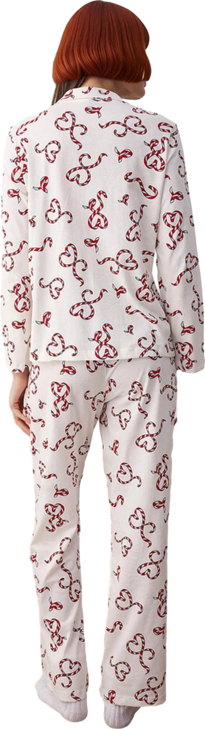 Kadın Yılbaşı Kalp Desenli Pijama Takımı Gömlek Yaka Fonksiyonel Dayanıklı Kaliteli Modern