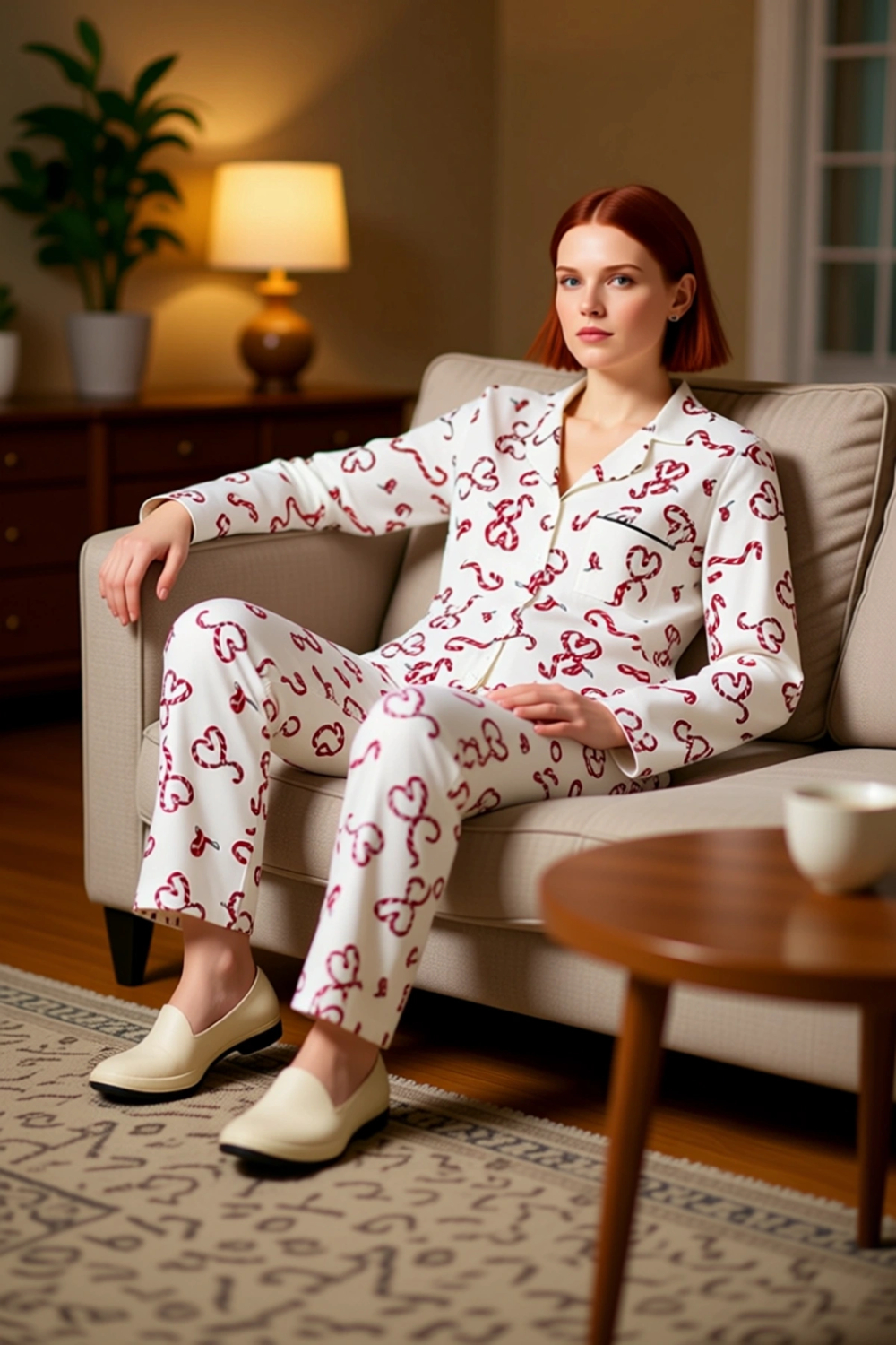 Kadın Yılbaşı Kalp Desenli Pijama Takımı Gömlek Yaka Fonksiyonel Dayanıklı Kaliteli Modern