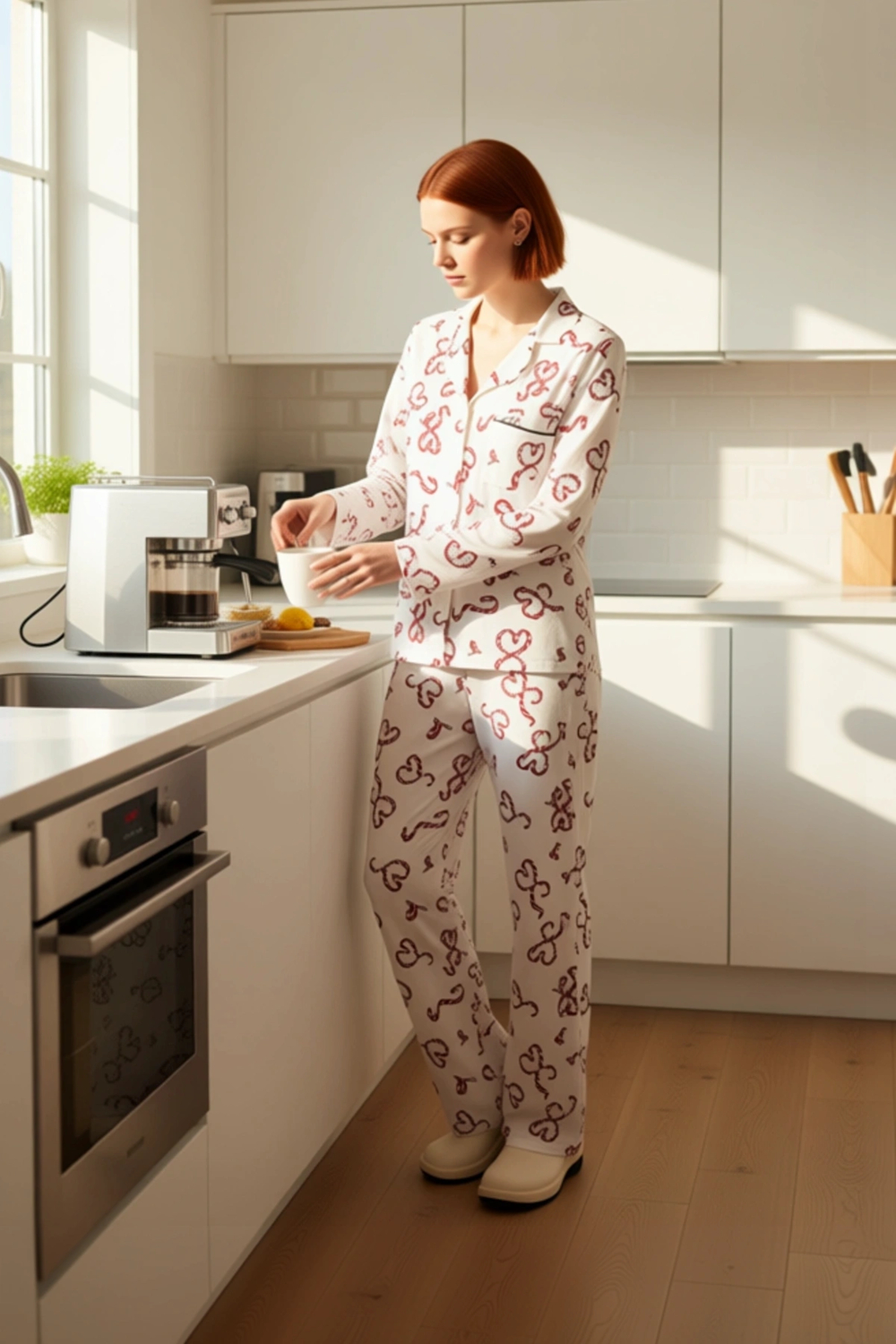 Kadın Yılbaşı Kalp Desenli Pijama Takımı Gömlek Yaka Fonksiyonel Dayanıklı Kaliteli Modern