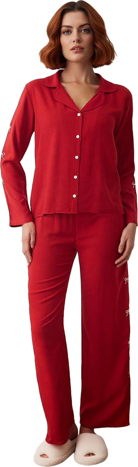 Kadın Nakışlı Gömlek Pantolon Pijama Takımı Fonksiyonel Dayanıklı Kaliteli Konforlu Modern
