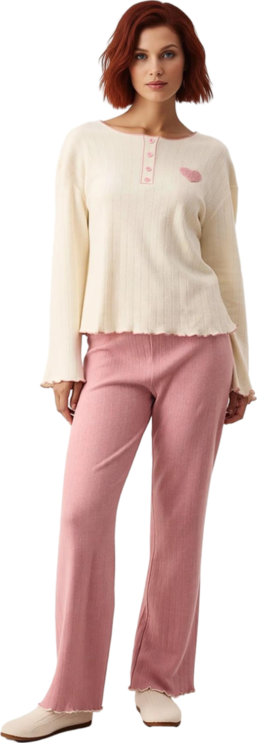 Kadın Kalp Nakışlı Fitilli Pijama Takımı Kışlık Fonksiyonel Dayanıklı Kaliteli Konforlu Şık