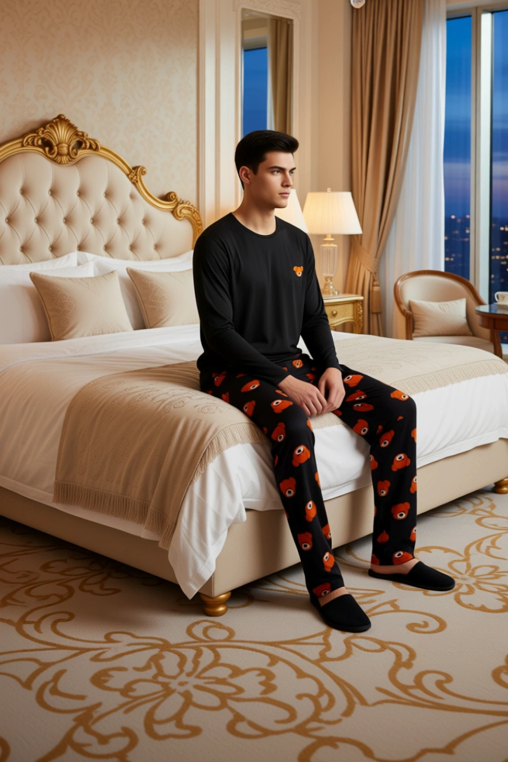 Ayıcık Desenli Bisiklet Yaka Uzun Kollu Pijama Seti Unisex Fonksiyonel Dayanıklı Kaliteli Şık