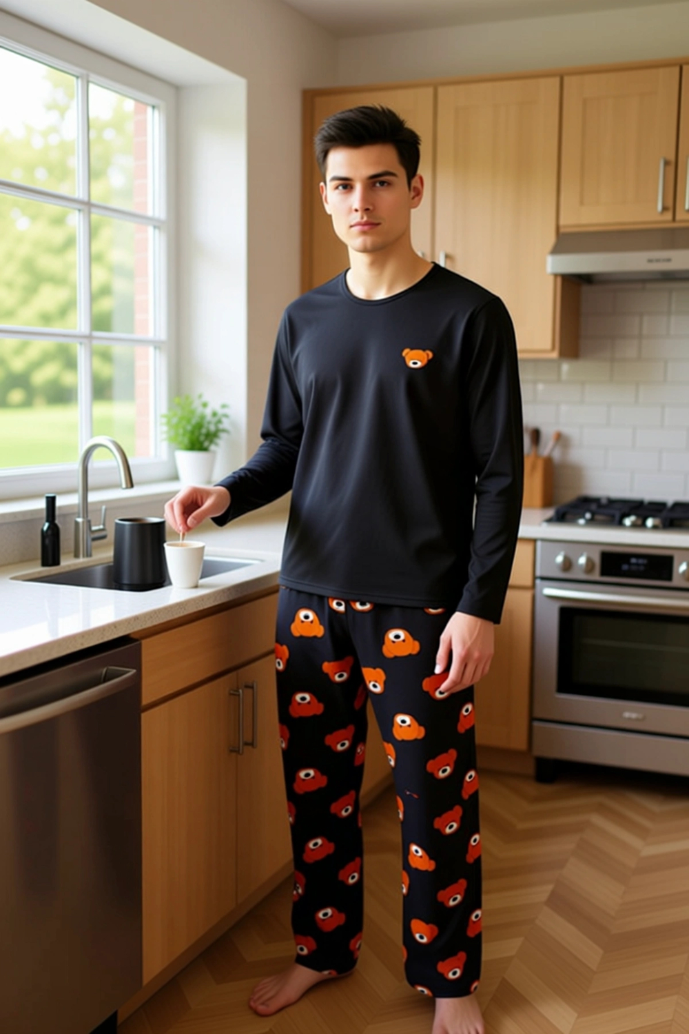 Ayıcık Desenli Bisiklet Yaka Uzun Kollu Pijama Seti Unisex Fonksiyonel Dayanıklı Kaliteli Şık