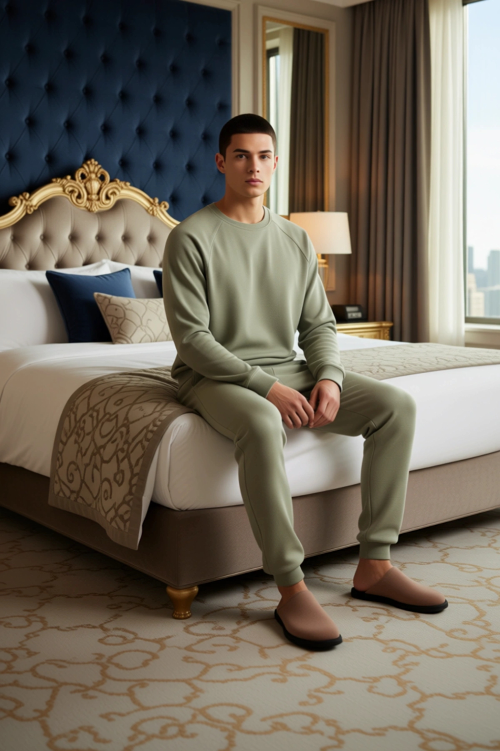 Erkek Waffle Dokuma Sweatshirt ve Pantolon Takımı Haki Fonksiyonel Dayanıklı Kaliteli Spor