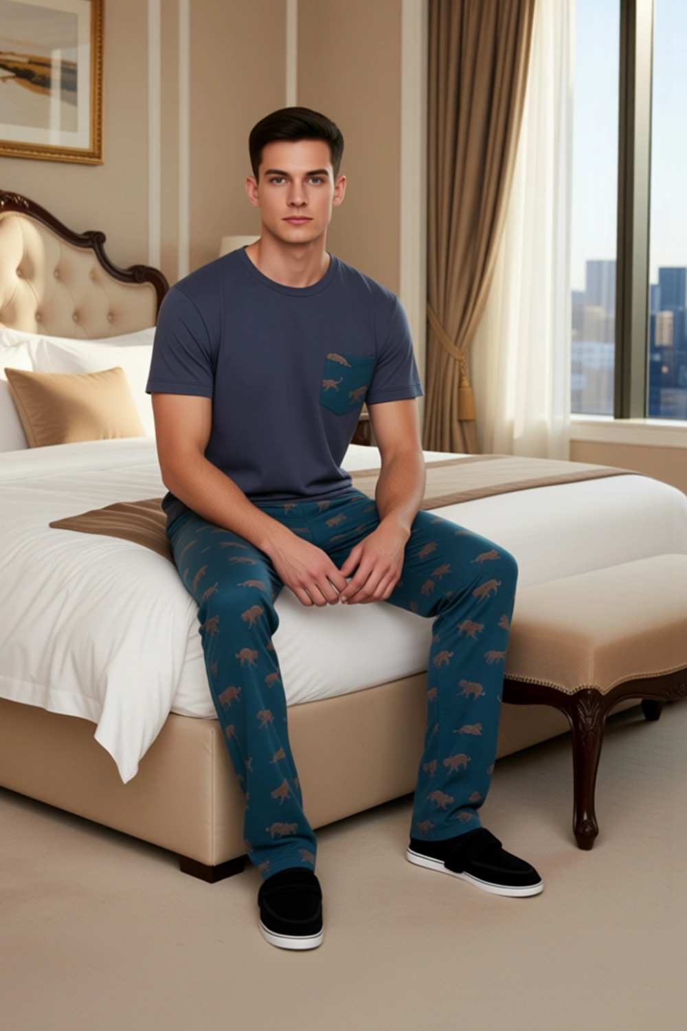 Erkek Baskılı Pamuklu Pijama Takımı Animal Desen Fonksiyonel Dayanıklı Kaliteli Konforlu Şık