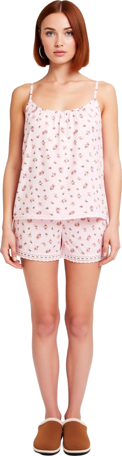 Kadın Pudra Çiçek Desenli İnce Askılı Pijama Seti Fonksiyonel Dayanıklı Kaliteli Konforlu Şık