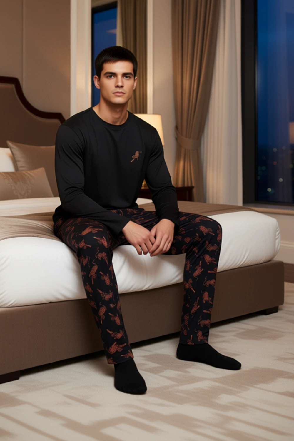 Erkek Bisiklet Yaka Uzun Kollu Baskılı Pijama Takımı Fonksiyonel Dayanıklı Kaliteli Modern